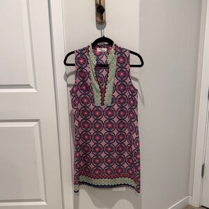 Pink Printed Sleeveless V-Neck Camisole Dress with Mint Trim